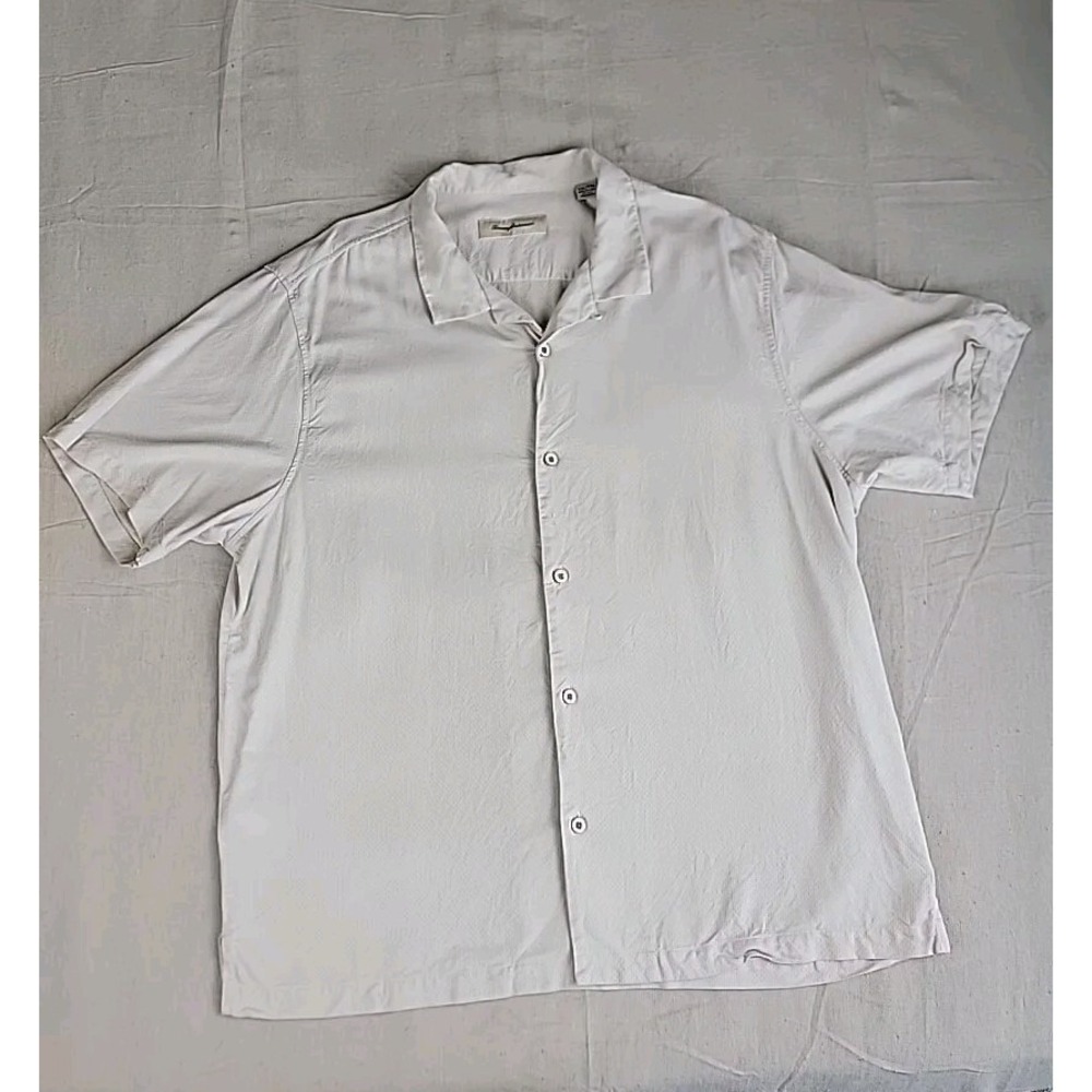 Tommy Bahama Camp Shirt Mens XXL Beige Silk Blend Diamond Jacquard Loop Collar